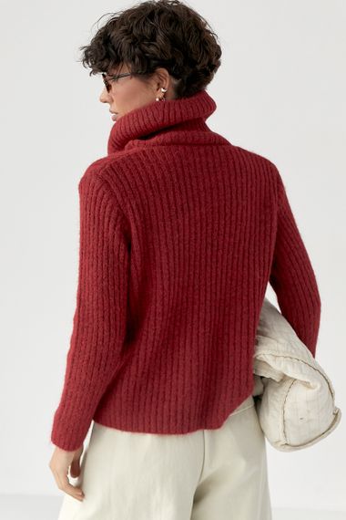 Тепла кофта в рубчик із блискавкою на комірі - темно-червоний цвет, ONE SIZE (є розміри) | Зображення 1