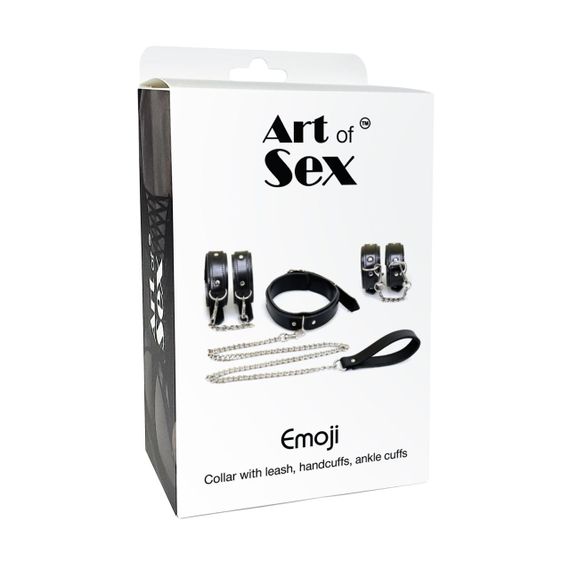 Набір BDSM Art of Sex - Emoji, наручники, поножі, нашийник з повідцем, екошкіра, чорний | Зображення 4