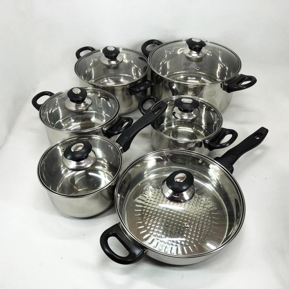 Набір каструль FH-219 з нержавіючої сталі 1.9л, 2.5л, 3.4л, 5.8л, 1.9л сковорода 24см та скляними кришками | Зображення 8