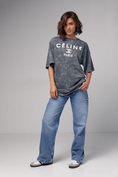Удлиненная футболка в технике тай-дай с надписью Celine Paris - темно-серый цвет, L (есть размеры) | Зображення 2
