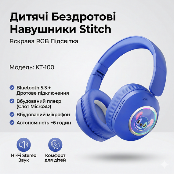 Дитячі бездротові Bluetooth-навушники Stitch KT-100 Blue з RGB-підсвіткою, вбудованим мікрофоном і слотом для карти пам'яті