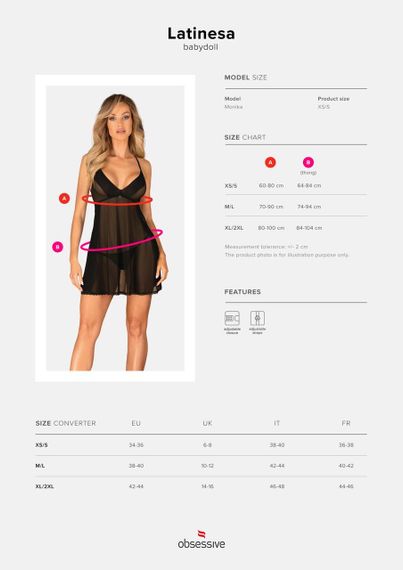 Пеньюар і трусики Obsessive Latinesa babydoll & thong M/L — мереживний комплект білизни, регульовані бретелі | Зображення 5