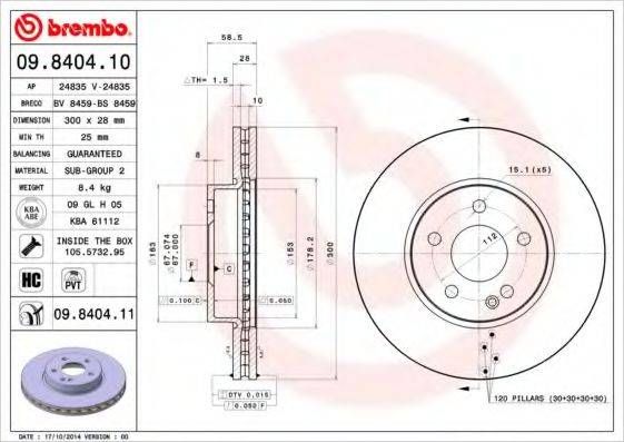 Диск гальмівний MB VITO передн., вент. (вир-во BREMBO) BREMBO 09840411 на MERCEDES-BENZ VITO / MIXTO фургон (W639)