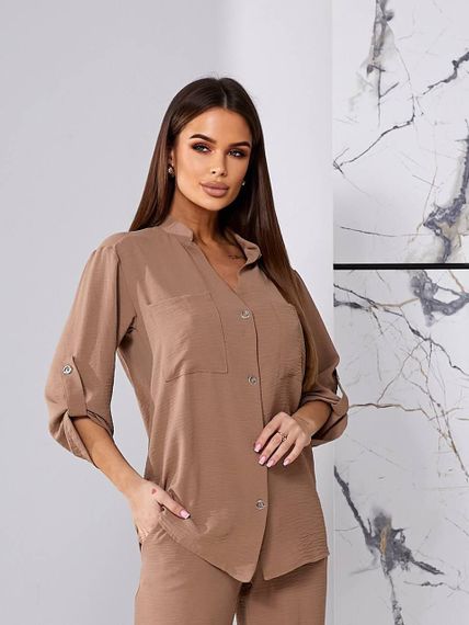 Женский легкий костюм рубашка и свободные брюки креп-жатка, UH378 размер 42, цвет капучино | Зображення 6