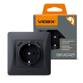 BINERA чорний графіт Розетка внутрішня 1-а +2USB із заземленням Videx