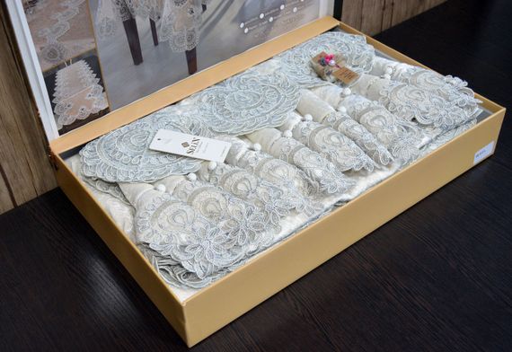 Велюрова скатертина з ранером Selin Beyza Set 160×300+12 серветок Кремовий | Зображення 1