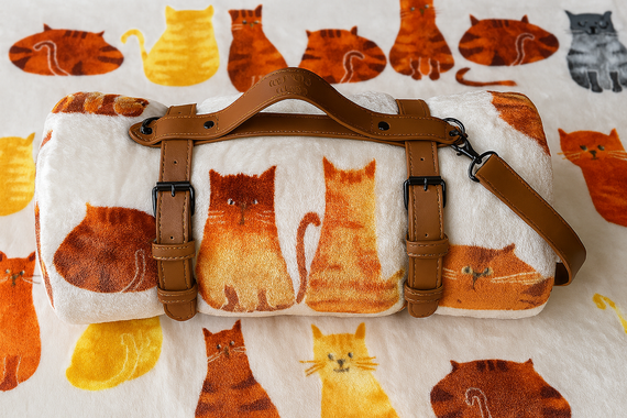 Плед тревел флісовий Котики бежевий з ременем Love You 150 x 200 см | Зображення 1