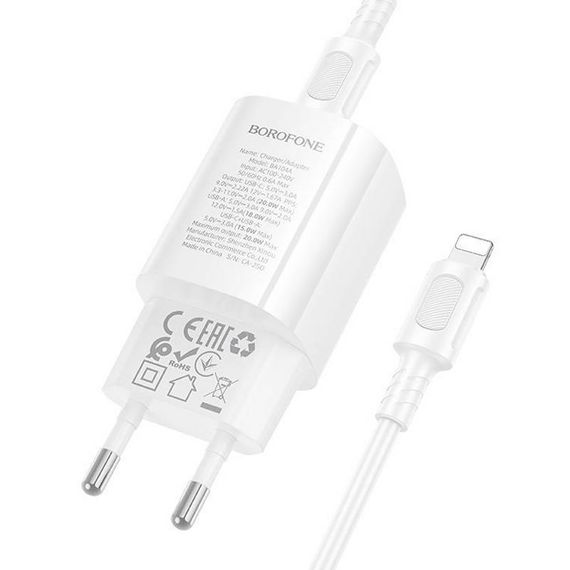 МЗП Borofone BA104A Pudding PD20W+QC3.0 (1USB-A/1C) + кабель Type-C to Lightning White | Зображення 3
