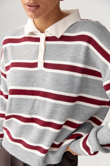 Кофта-поло у смужку вільного фасону - сірий цвет, ONE SIZE (є розміри) | Зображення 3