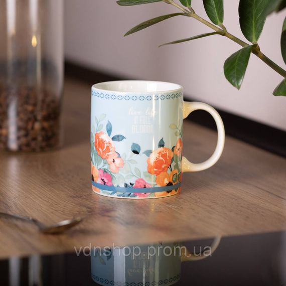 Чашка порцелянова з квітковим принтом 400 (мл) для чаю та кави Блакитна RX-N240139BL | Зображення 3