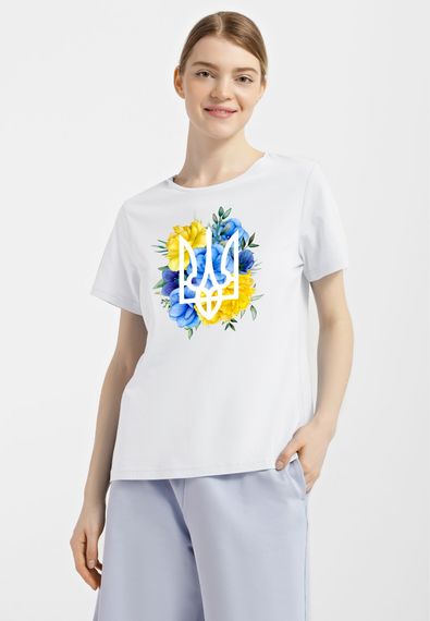 Футболка жіноча біла з принтом "Тризуб на квітах", S