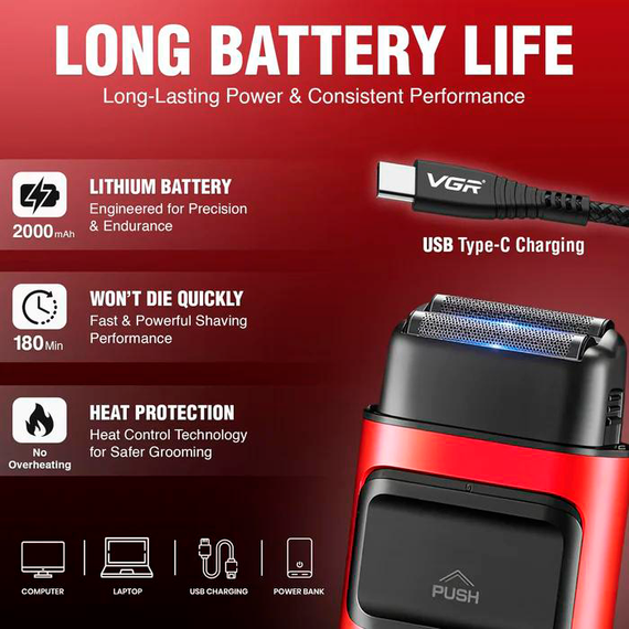 Электробритва VGR V-307 RED шейвер, двойное лезвие, 2000mAh, 9000 RPM | Зображення 6