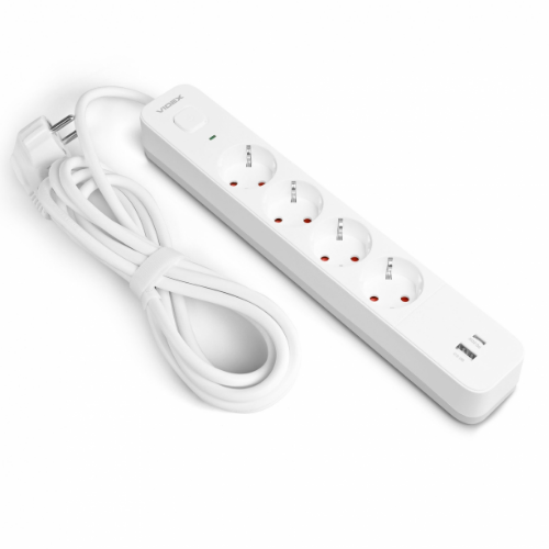 Мережевий подовжувач із заземленням 4 розетки/1USB-A/1Type-C 3м з кнопкою білий VF-PD43G1QC1PD-W Oncord Videx | Зображення 1