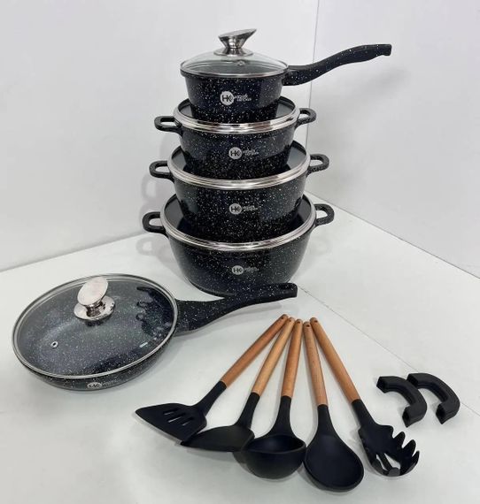Набір посуду Higher Kitchen HK-305 17 предметів з кришками з гранітним покриттям | каструлі | ківш | сковорода | Зображення 1