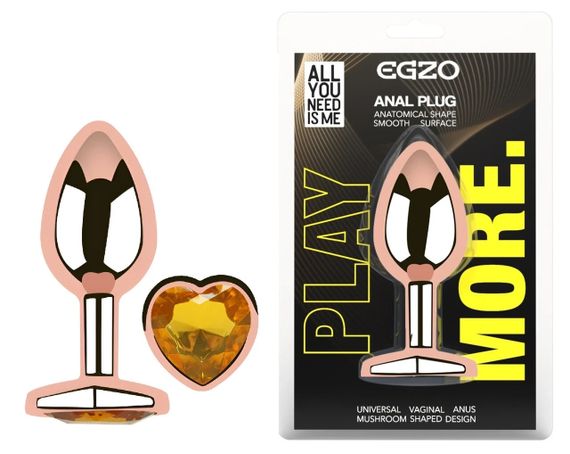 Анальна пробка EGZO Rose Gold Heart Plug S з бурштиновим кристалом у формі серця Sex Aura