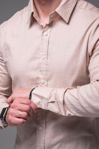 Мужская льняная рубашка с длинным рукавом на пуговицах цвет бежевый, размер S  RA2389 | Зображення 3