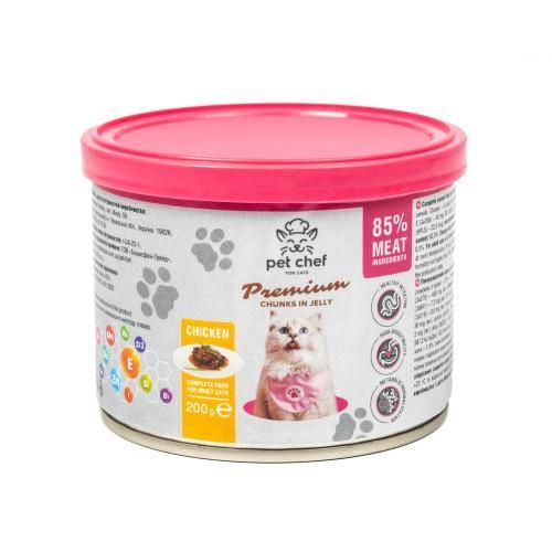 Вологий корм для дорослих котів Pet Chef, шматочки в желе з куркою 200 г