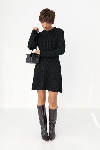 Жіноча в'язана коротка сукня в рубчик - чорний цвет, ONE SIZE (є розміри) | Зображення 4