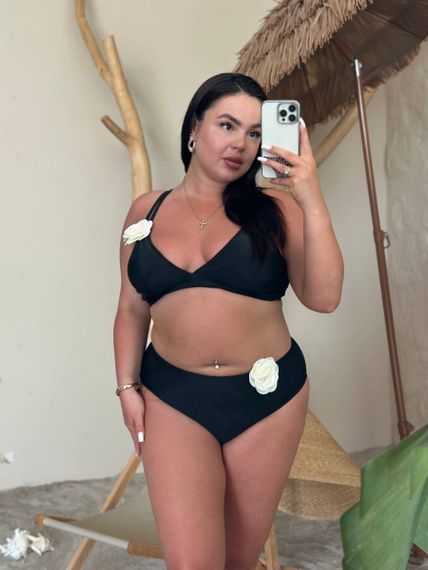 Купальник PLUS SIZE оригінального крою із квітами на топові та трусиках | Зображення 5