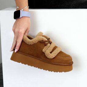 Трендовые теплые замшевые кроссовки-угги на липучке цвет Camel 39