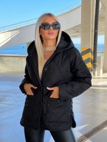 Женская демисезонная стеганая куртка с капюшоном на кнопках NA1039 цвет черный, размер 42/44