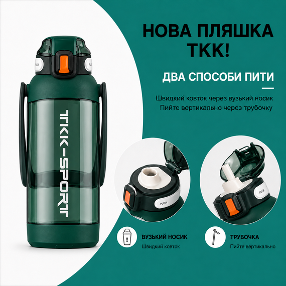 Бутылка TKK 1400 мл - Зеленая Tritan BPA-free, ударопрочная, спортивная с двойной системой переноски | Зображення 5