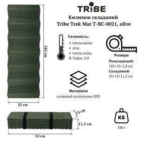 Каремат Tribe складаний туристичний килимок-гармошка оливковий, Похідний каремат трайб для кемпінгу, Компактна пінка для намету
