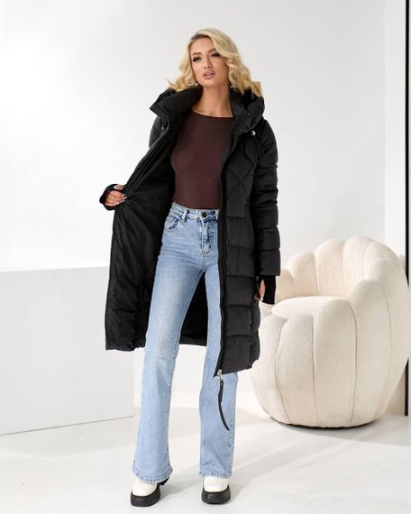 Пуховик жіночий чорний зимовий довгий стьобаний люкс якість | Зображення 9