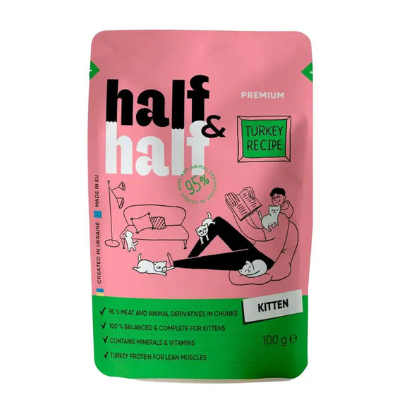 Вологий корм пауч Half&Half для кошенят, індичка 100г