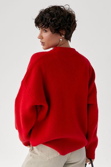 В'язана тепла однотонна кофта - червоний цвет, ONE SIZE (є розміри) | Зображення 1