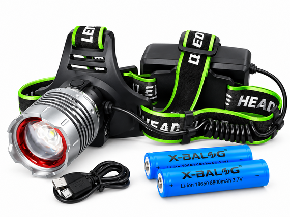 Мощный яркий аккумуляторный фонарь налобный X-balog BL-A17-P50 Zoom 2х18650 XHP50 Micro Usb Черный