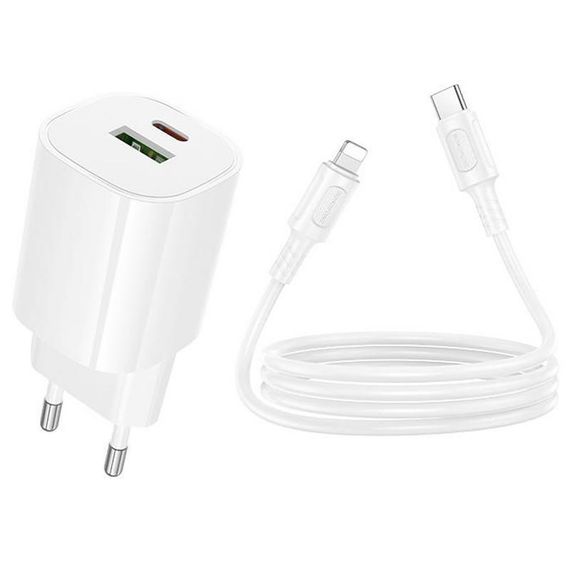 СЗУ Borofone BA104A Pudding PD20W+QC3.0 (1USB-A/1C) + кабель Type-C to Lightning White | Зображення 2