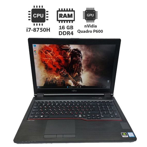 Мобільна робоча станція Fujitsu Celsius H780/15.6" (1920x1080) IPS/Intel Core i7-8750H (6(12) ядер по 2.2 - 4.1 GHz) / 16 GB DDR4 / 512 GB SSD / nVidia Quadro P600, 4 GB GDDR5, 128-bit / WebCam б/в