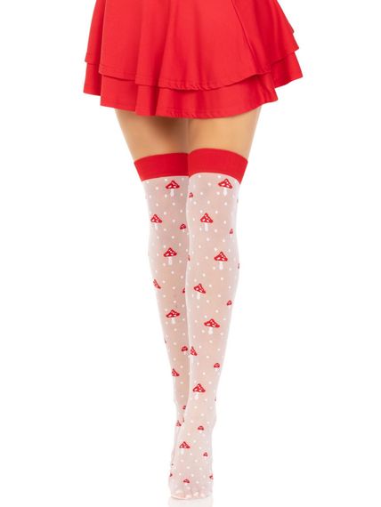 Панчохи Leg Avenue Polka Dot Mushroom Thigh Highs, One Size, біло-червоні, на резинці, малюнок — гриби | Зображення 4