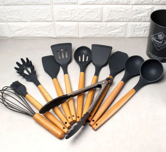 Набор кухонных предметов Silicone kitchen utensils set 12 предметов Черный | Зображення 5
