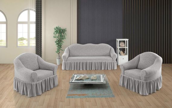 Жакардовий чохол на диван + 2 крісла Stone з спідницею кремово-сірий
