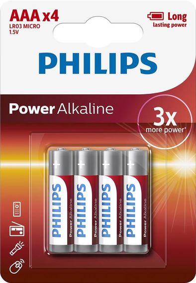 Philips Батарейка Power Alkaline AAA лужна блістер, 4 шт (LR03P4B/10)