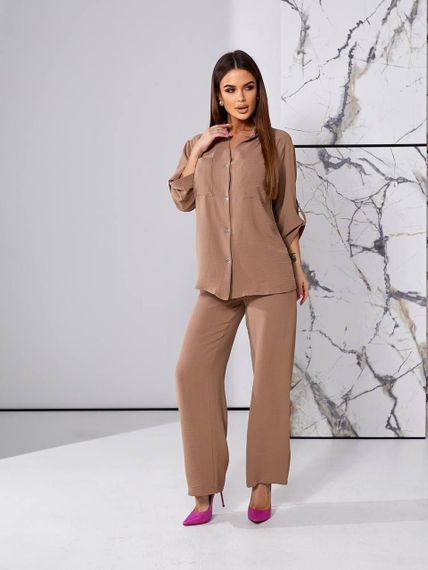 Женский легкий костюм рубашка и свободные брюки креп-жатка, UH378 размер 42, цвет капучино | Зображення 3