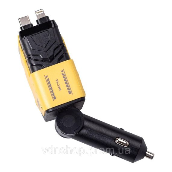 Автомобільний зарядний пристрій MECHA з висувними кабелями та портами USB/Type-C Жовтий HP-A1Y | Зображення 3