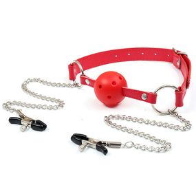 БДСМ Кляп із затискачами для сосків  червоний  24056