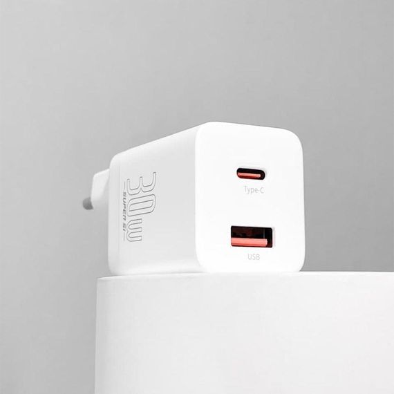 Мережевий зарядний пристрій Baseus Super Si Pro Quick Charger Type-C+USB 30W, Білий | Зображення 6