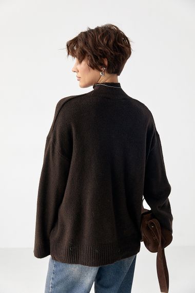 Теплий жіночий светр із широкими рукавами - темно-коричневий цвет, ONE SIZE (є розміри) | Зображення 1