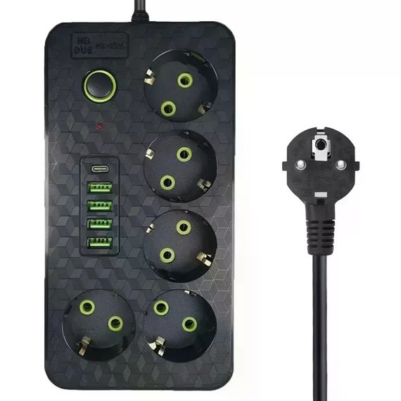 Сетевой фильтр HG-2505 на 5 розеток черный • Удлинитель 3 м с 4 USB, Type-C, выключателем и заземлением для дома и офиса | Зображення 3