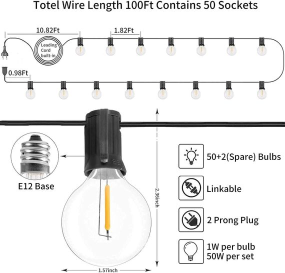 Світлодіодна гірлянда Yuusei Guinguette — 45,7 м, 75 ламп G40 + 2 запасні, водонепроникна, для вулиці та дому | Зображення 6