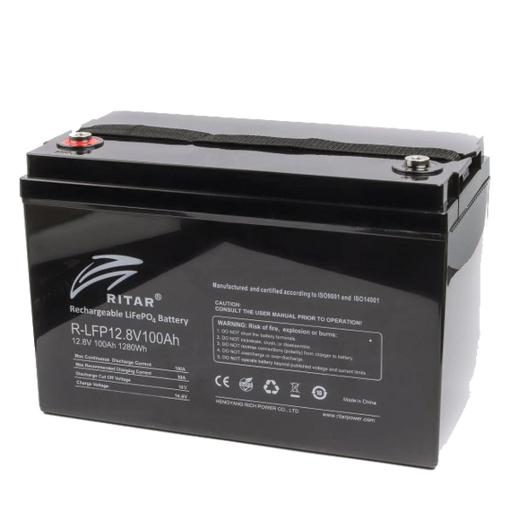 Акумуляторна батарея з bluetooth Ritar LiFePO4 12,8V 100Ah 1280Wh BMS50A@4S (330 х 172 х 214 мм), 13kg Q1