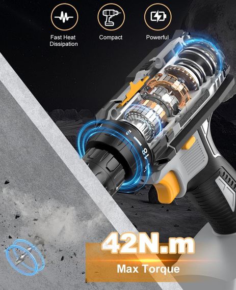 Акумуляторний дриль 21 В — електричний набір дрилів 42 Н·м із 2 батареями 2,0 А·год і швидкозатискним патроном | Зображення 5