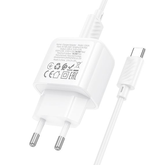 МЗП Hoco CS52A Surplus QC3.0 (1USB-A) + кабель USB to Type-C White | Зображення 6