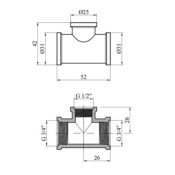Трійник перехідний посилений LexLine 3/4"х1/2"х3/4" ВВВ латунний УК0212-В | Зображення 1