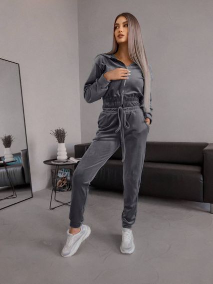 Женский спортивный велюровый костюм с укороченной кофтой LM10364 цвет серый, размер 46/48 | Зображення 1