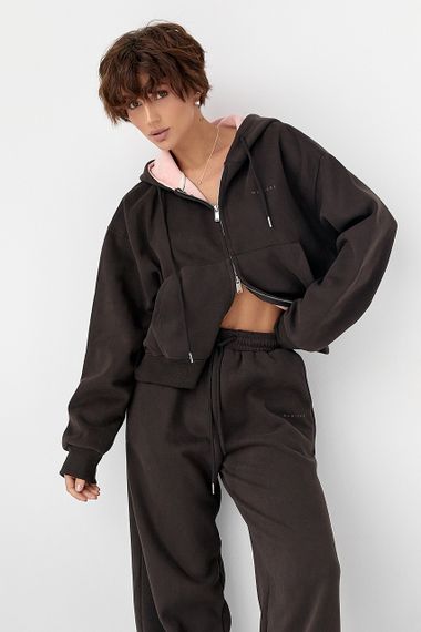 Теплий спортивний костюм з капюшоном із рожевим начосом - темно-коричневий цвет, M/L (є розміри) | Зображення 2